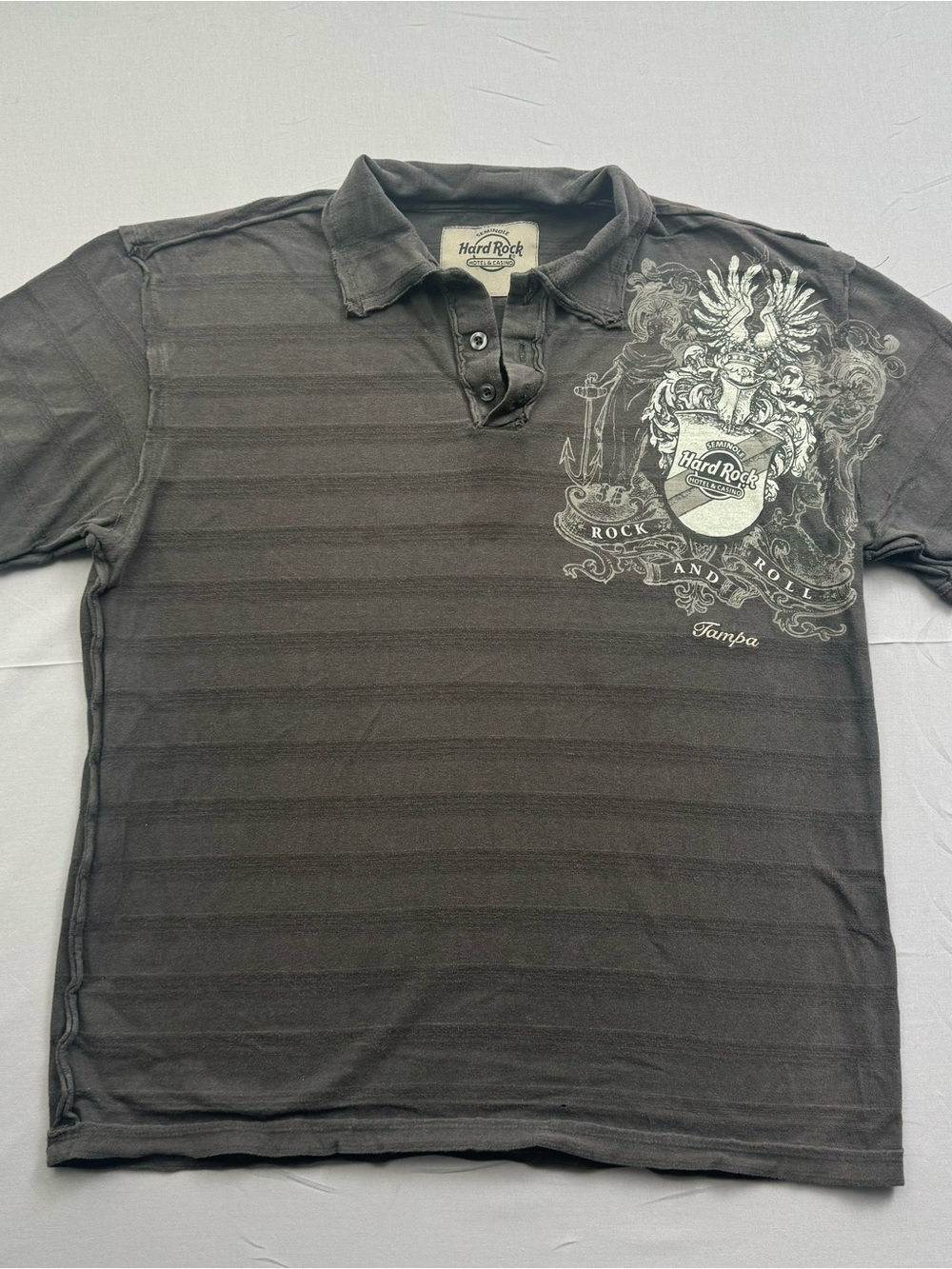 Hard Rock Hotel & Casino Men L Gray Striped Cotton Polo Graphic Print Y2K Skater